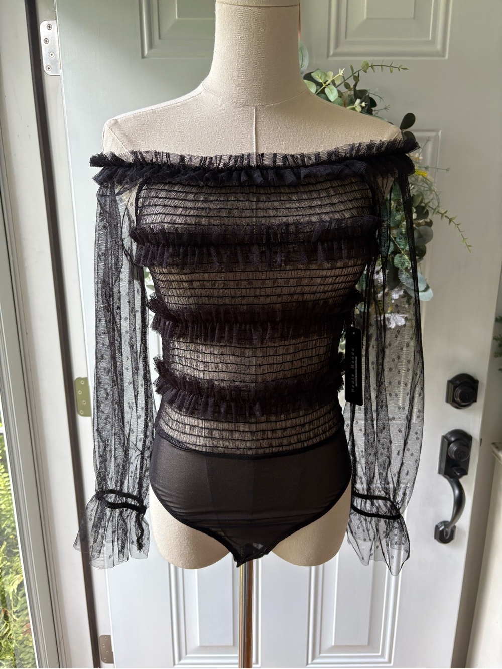 Haute Monde Black Sheer Ruffle Bodysuit